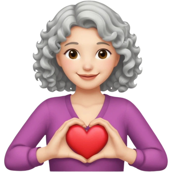 Silver hair, wavy/curly hair chin-length lady giving hug with 2 arms,  v-neck and smiling, add a heart emoji