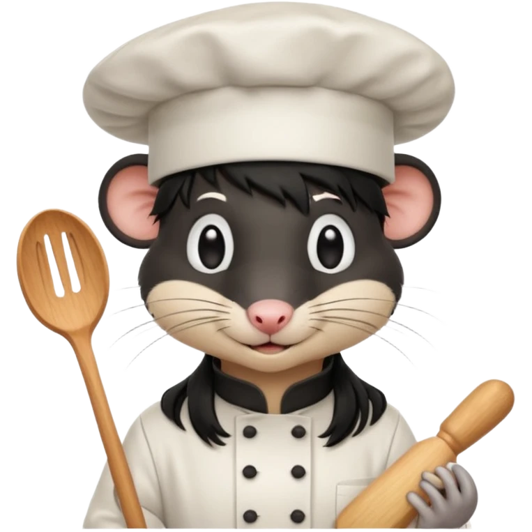 A rat with a fringe, long black hair and chefs hat emoji