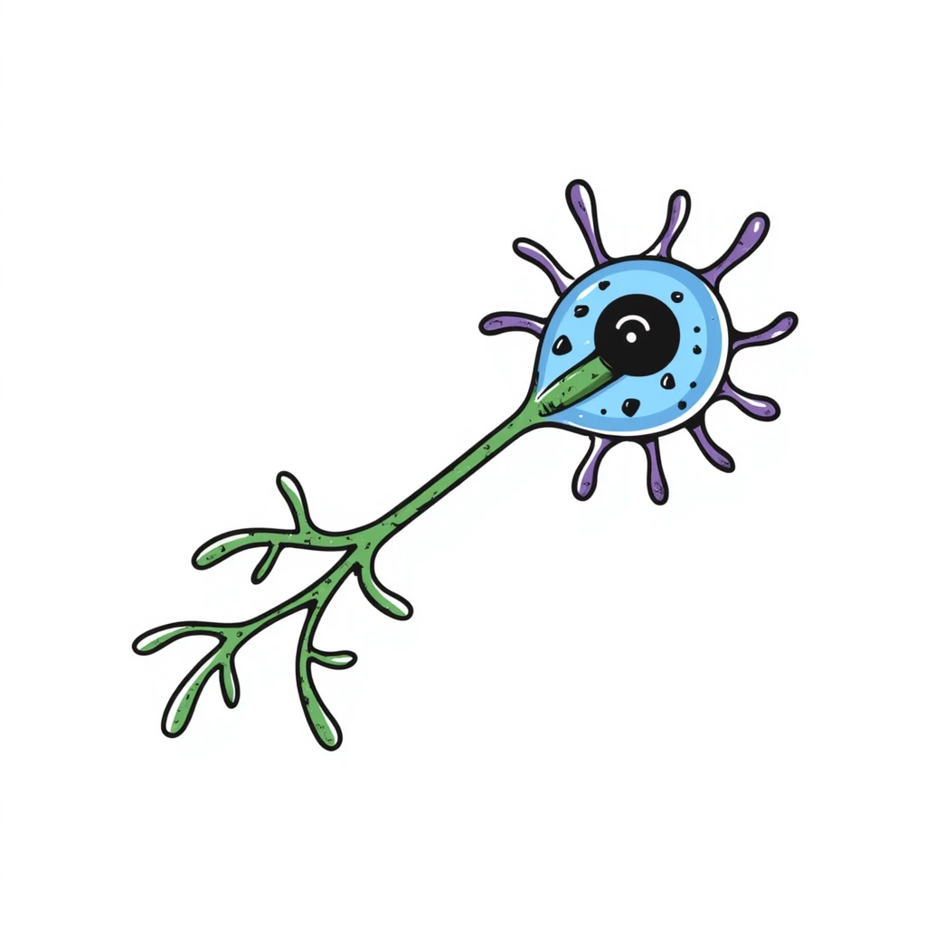 Anatomical neuron illustration with neuroprotective elements: blue cell body (soma), purple dendrites branching out, long green axon with myelin sheath, and protective shield-like aura surrounding the entire neuron. Hand-drawn detailed scientific diagram with glowing protective barrier. emoji