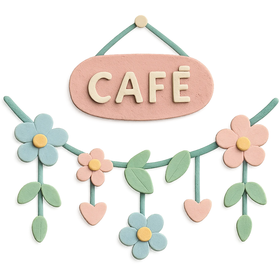 wall floral garland with tiny hearts in a cozy café, soft pastel colors, paper craft style emoji