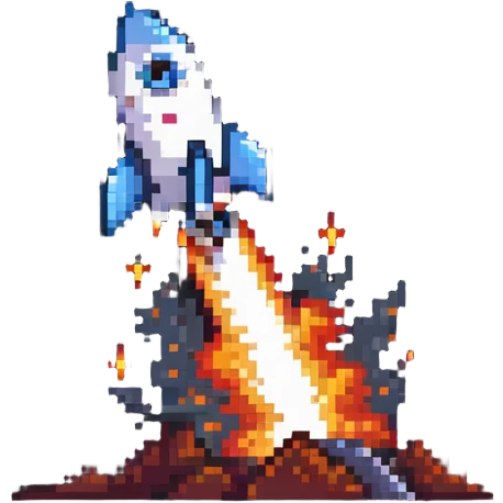 A pixel art rocket launching upward with fire and smoke trail emoji
