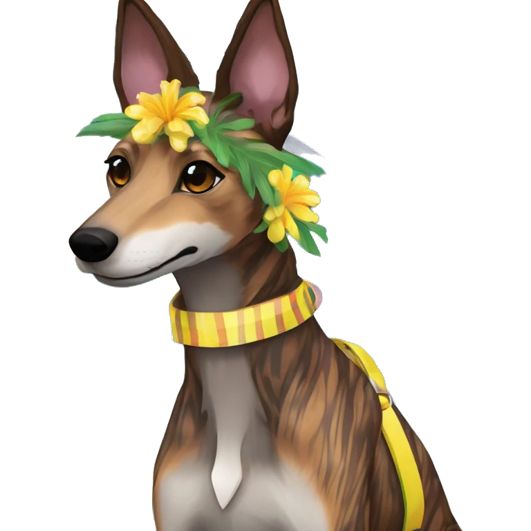  brindle brown black maroon striped lurcher Alsatian fox running blue eyes and iridescent holographic oilslick harness wearing paper iridescent tropical flower crown yellow caution tape emoji