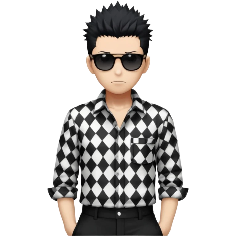 Satoru Gojo from Jujutsu Kaisen with spiky black hair, wearing black and white checkered shirt with rolled-up sleeves, black pants, confident expression, sunglasses on top of head, one hand in pocket emoji