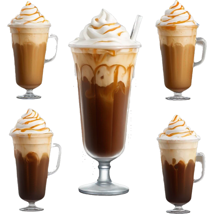 Tall iced coffee with whipped cream and caramel with ice cubes emoji