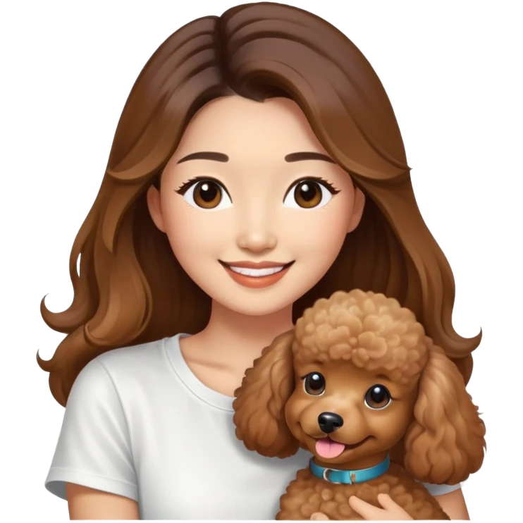 an asian lady with long balayage hair with highlights, long lashes, wearing white t-shirt, smiling happily, and holding a brown poodle emoji