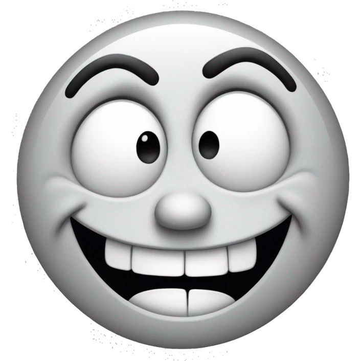 A crudely drawn black-and-white face with an exaggerated grin, large, uneven eyes, a small curved nose, and a wide mouth filled with blocky, misaligned teeth. The head is lopsided and appears to be melting or distorted, with wavy lines for wrinkles. emoji