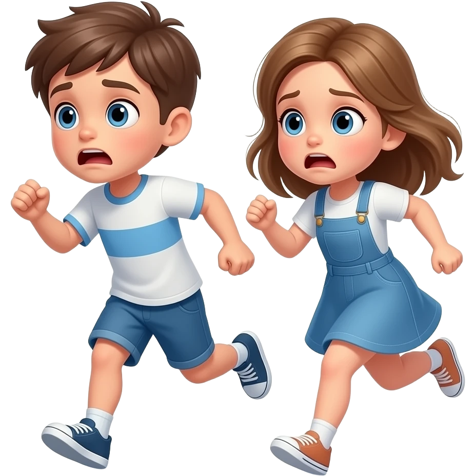 chico y chica corriendo asustados, el chico castanyo i con pelo corto y la chica pelo suelto y un poco rubia pero castaño y los dos tienen ojos azules son hermanos emoji