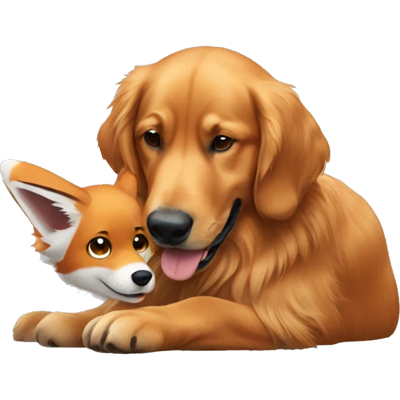 a brown golden retriever playing with a fox emoji