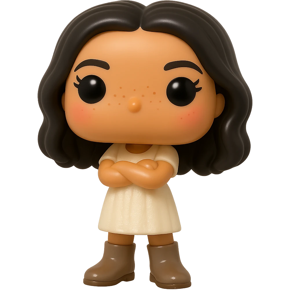 Create a Funko Pop style vinyl figure with superior quality, smooth tanned skin, detailed dark hair, textured feminine cream dress, greige leather boots clearly visible, arms crossed, rosy cheeks, very discreet freckles, eyelashes, mischievous and cheerful expression, no mouth, transparent background. emoji