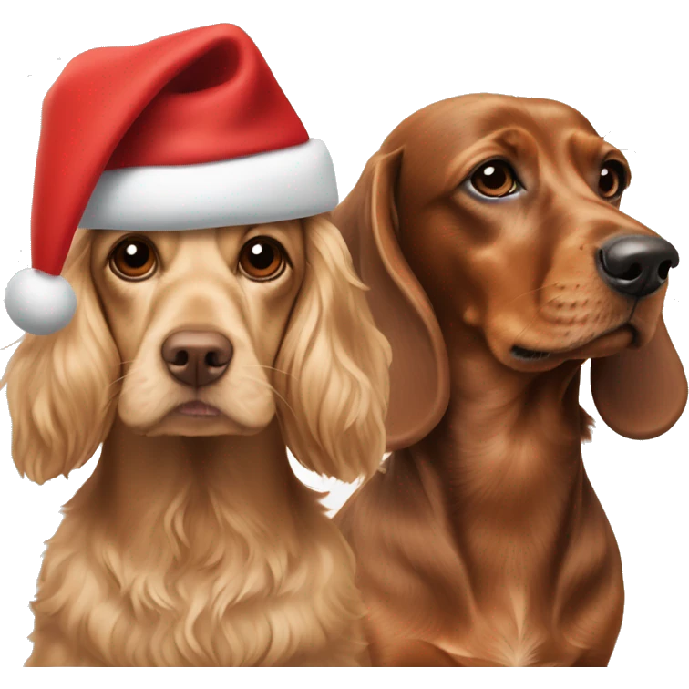 beige cocker spaniel and brown dachshund both wearing christmas hats emoji