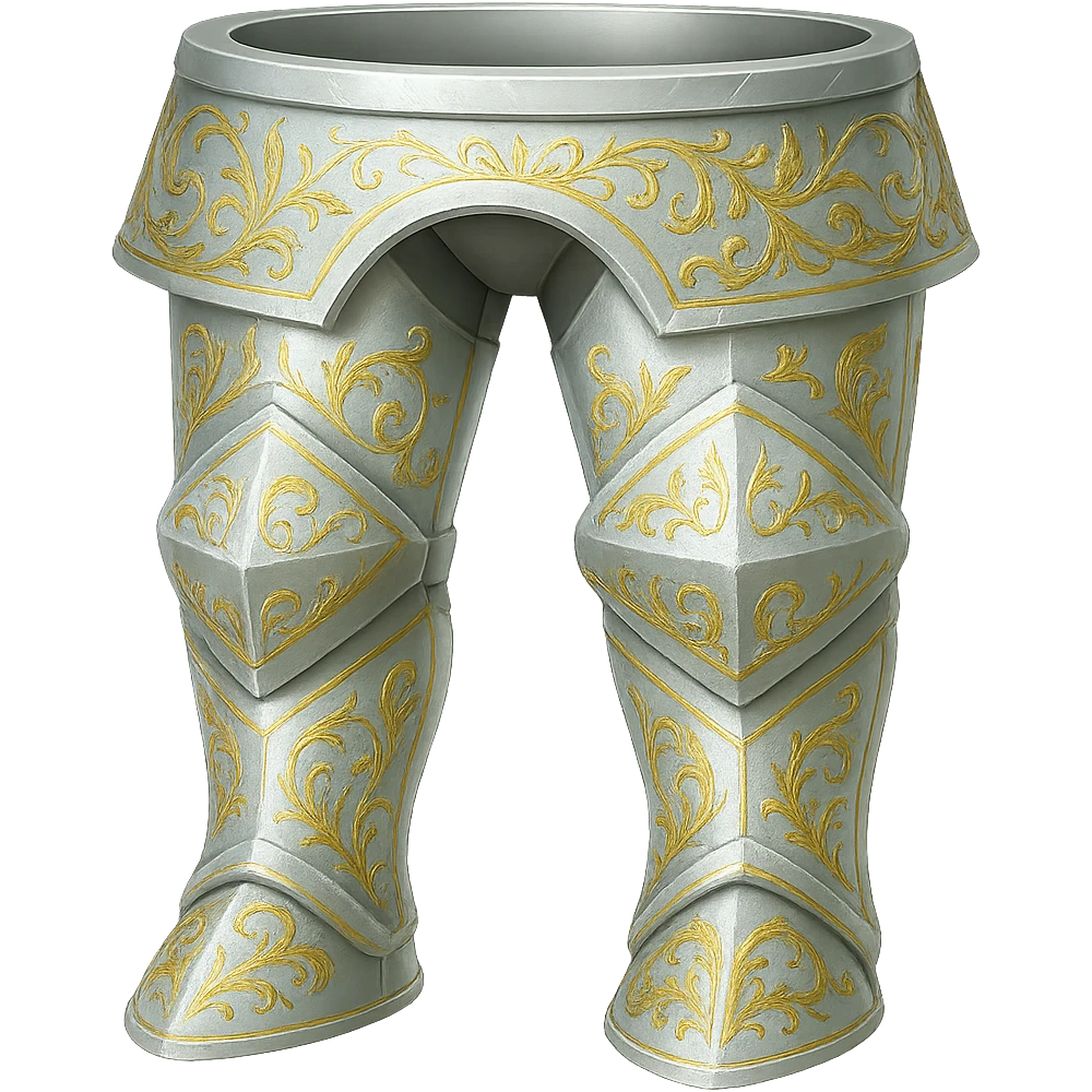 Recolor these platelegs to a very light metallic silver color with ornate gold engravings. Emphasize a bright, reflective silver finish and detailed gold engravings. Transparent background. emoji