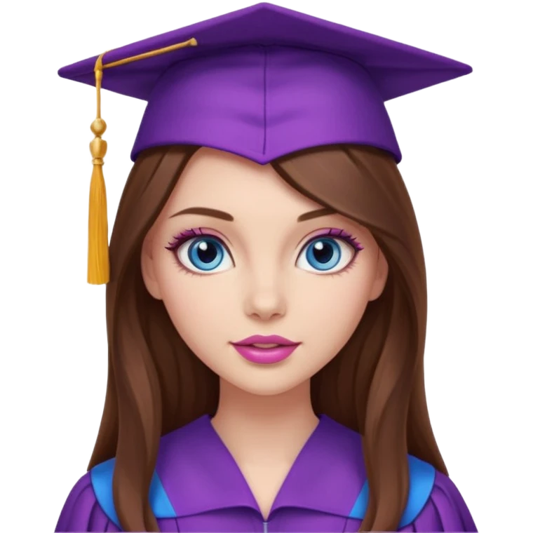 stunning girl with gorgeous long brown hair, blue eyes, long lashes makeup, sexy pink lips, wearing a purple graduation cap and gown emoji