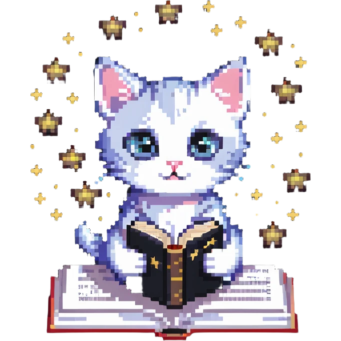 A kitten holding a book with stars in its eyes emoji