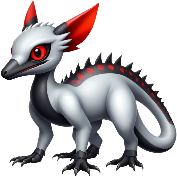 a white and silvery exotic edgy vernid-fionbr-Fakémon-creature, with black belly and red eyes, full body emoji