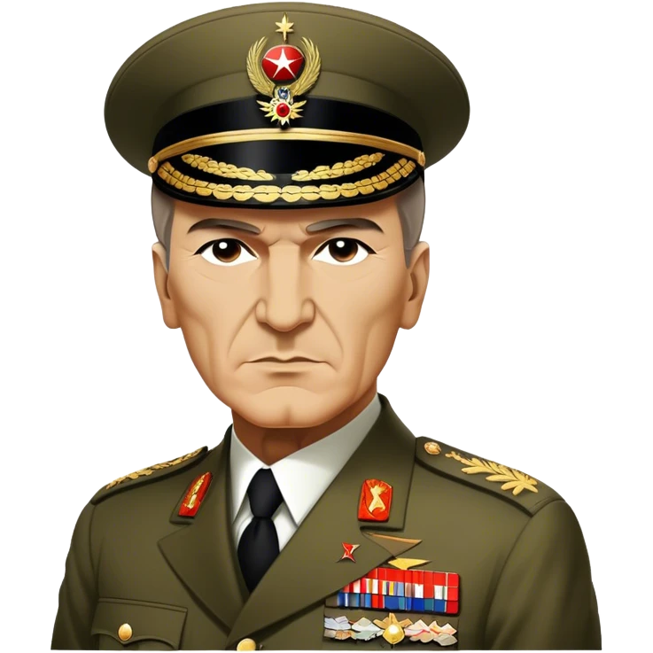 Cinematic Realistic Mustafa Kemal Atatürk Portrait Emoji, depicted as a visionary statesman with a determined gaze and period military attire, rendered with rich textures and dynamic historical lighting that captures his transformative leadership. emoji