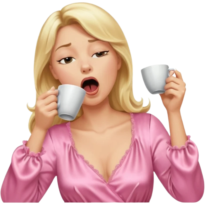 A blonde woman in a pink nightgown yawns, looking sleepy with dark circles under her eyes, drinking coffee, looking like she just woke up. emoji
