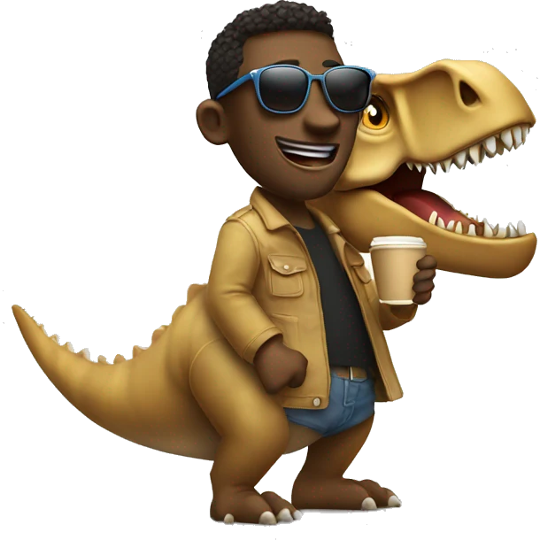 Cool guy with sunglasses drinking coffee on a dinosaur emoji