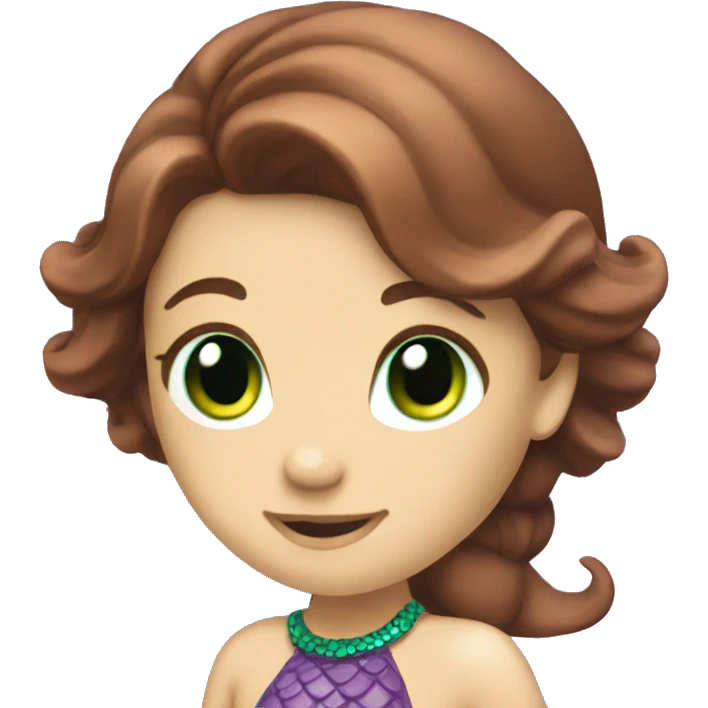 Mermaid with purple tail, green eyes, and brown hair. emoji