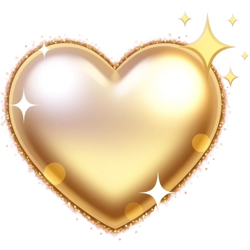 A sparkling emoji of a shimmering heart shape with a pearl and gold gradient fill, golden sparkle particles surrounding it, soft pink glow on the edges, glittery and luminous, beauty brand aesthetic emoji