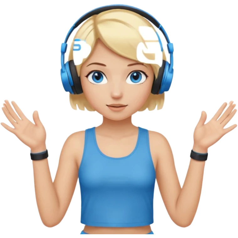 girl with blonde and middle short hair and blue eys with heands telling what, having heaphones on head, and short  emoji
