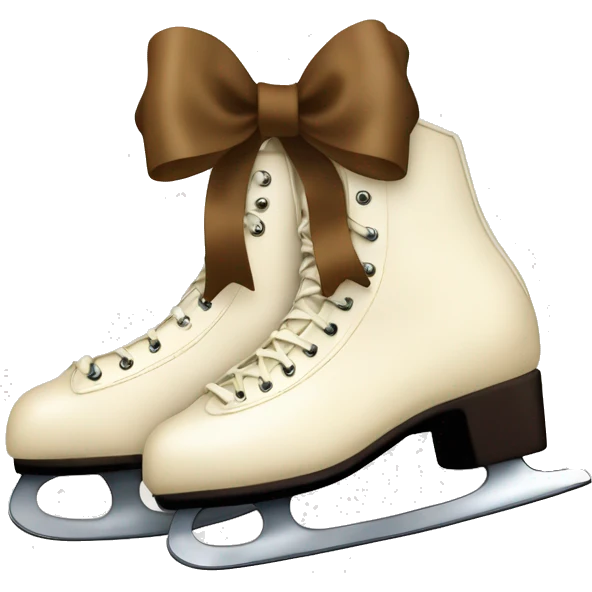 Cream color pair of ice skates hanging from a brown bow tied  emoji