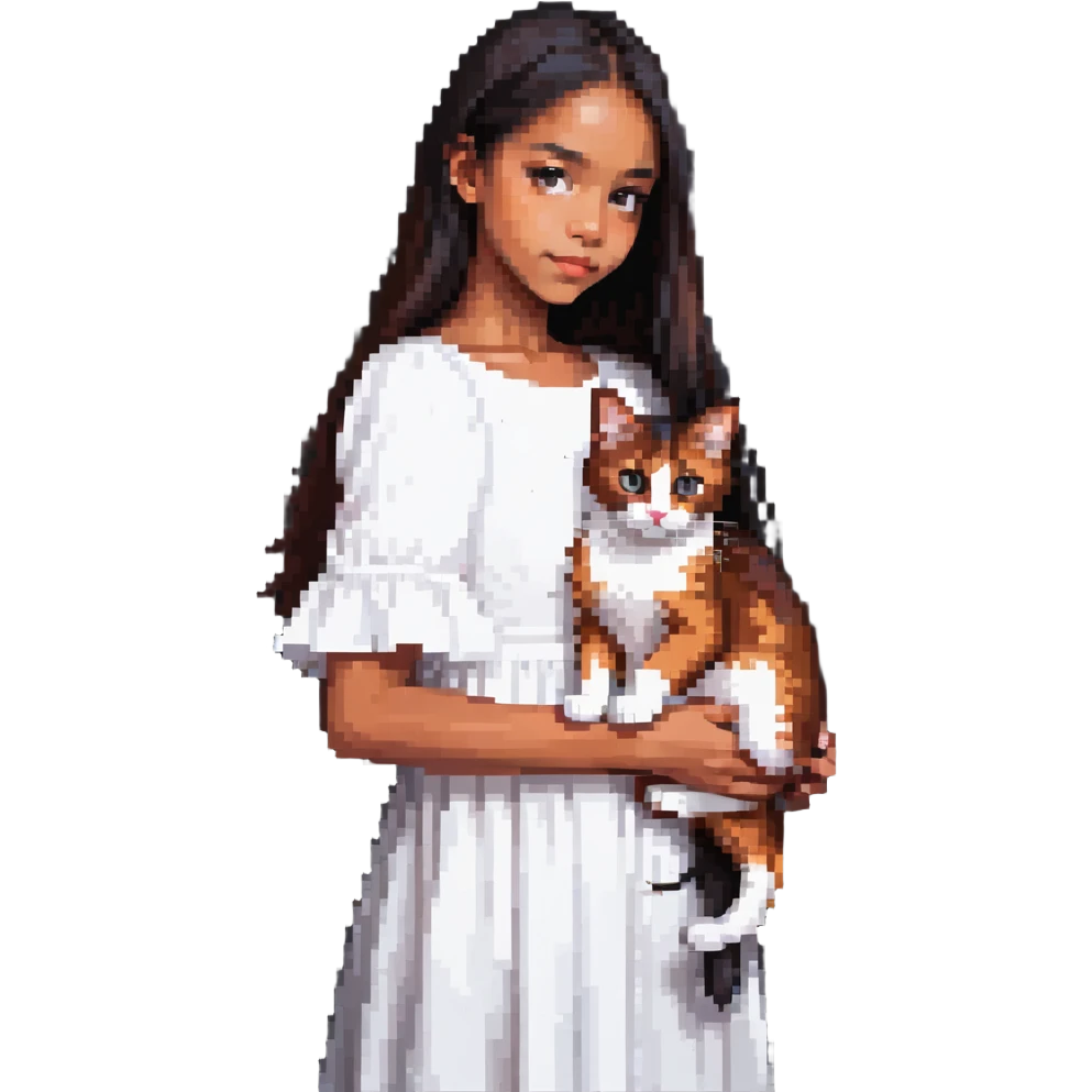 beautiful girl with long black hair wearing a white dress holding an Abyssinian cat with reddish-brown fur in her arms, close-up emoji