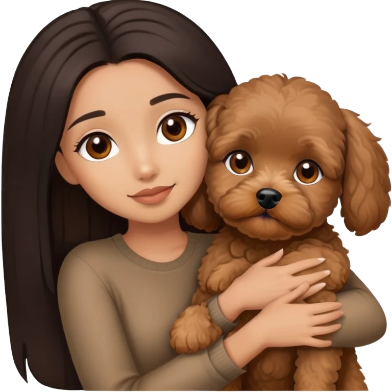 beautiful woman with dark long straight hair and brown eyes hugs a brown maltipoo  emoji