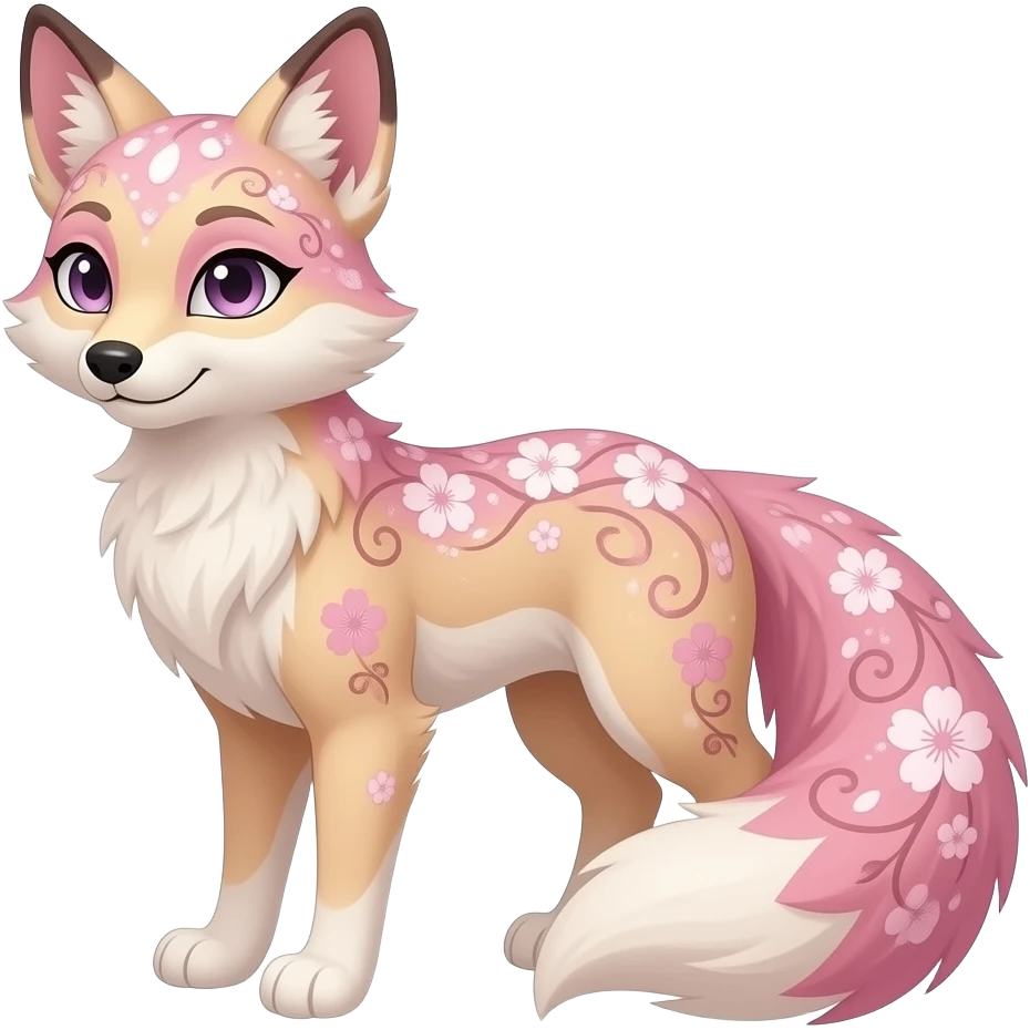 Realistic pretty elegant sophisticated soft beautiful Anthropomorphic digitigrade Pastel beige and pastel Sakura-pink fox furry-Falvie-Fionbri-fursona with floral swirly markings and white spot markings, 2 legs, modern, sophisticated emoji