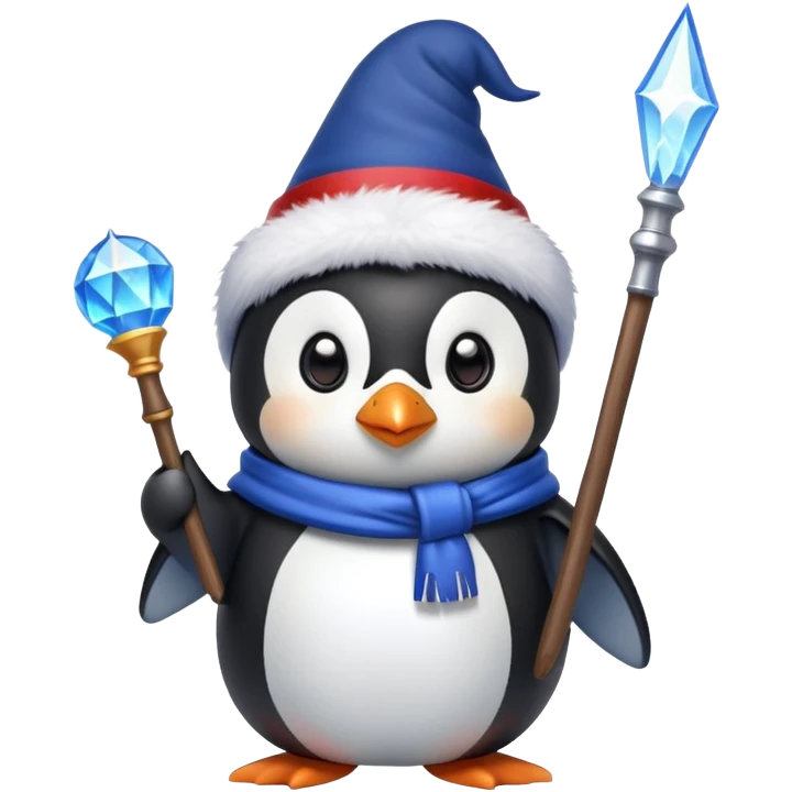 Penguin wizard wearing ushanka hat and holding magic wand with Russian flag colors emoji