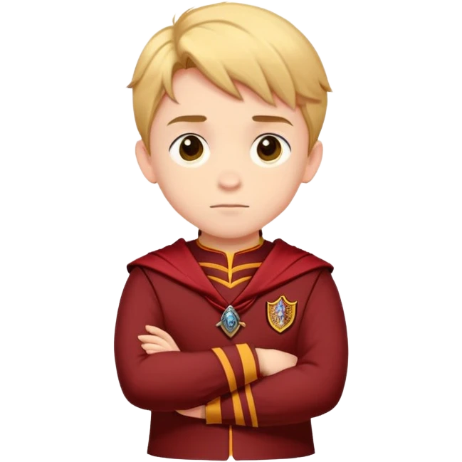 A young boy slightly to the side looking forward with crossed arms wearing the Gryffindor uniform emoji