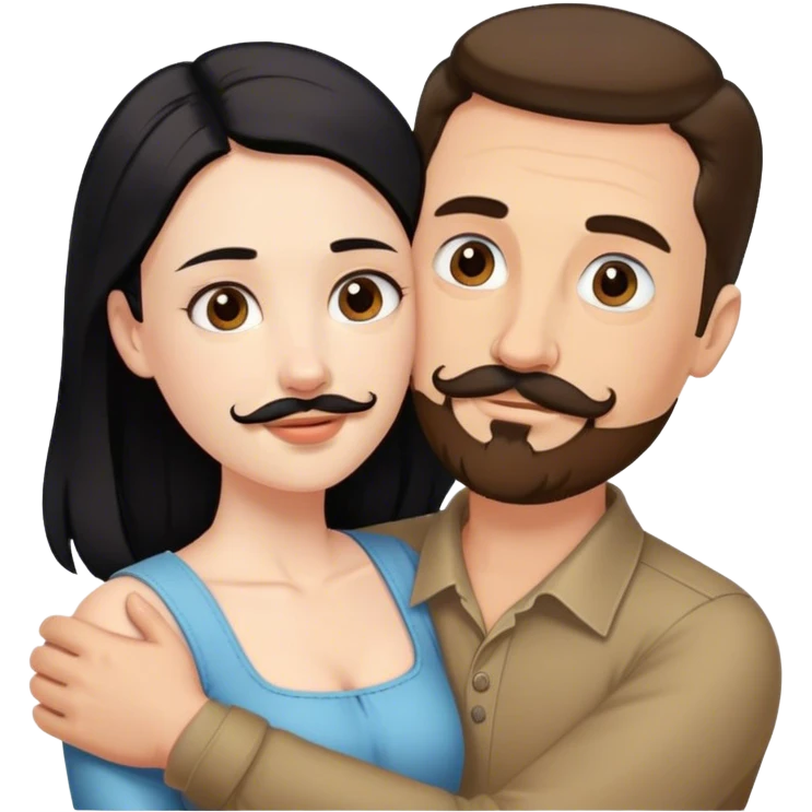 Tall white man with brown mustache goatee AND a short pale woman with long black hair, hugging emoji