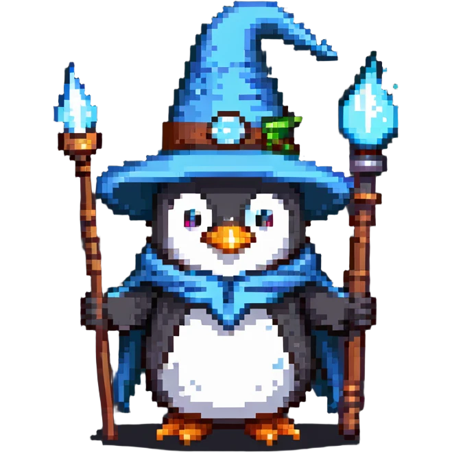 penguin wizard with a pointy hat and magic staff emoji