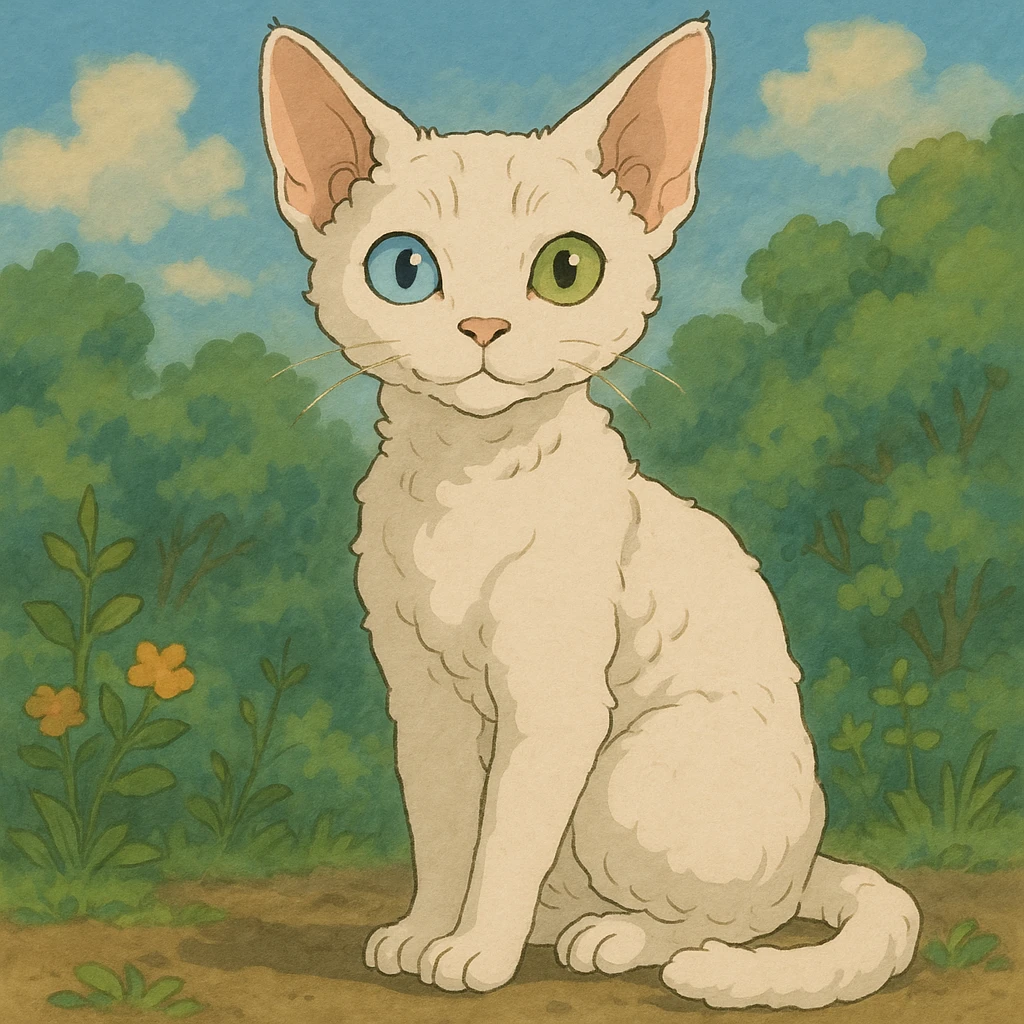 a white devon rex cat with one green and one blue eye each emoji