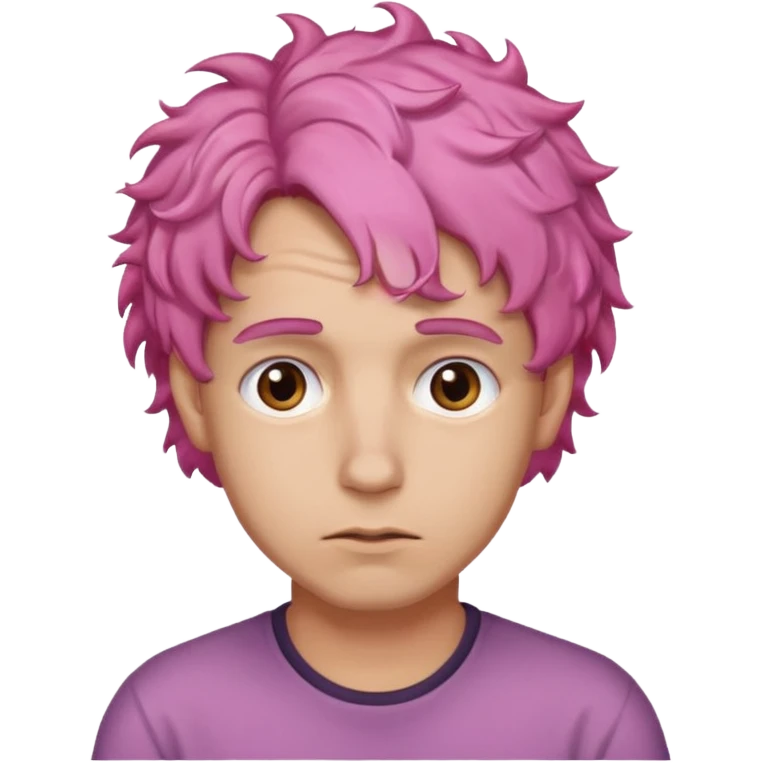 A light-skinned man with moderately curly pink hair, brown eyes and a slightly uneasy expression. emoji