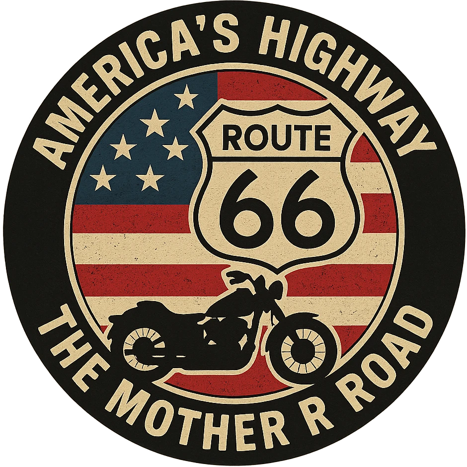 circular design for motorcycle cap, transparent background, text 'AMERICA'S HIGHWAY - ROUTE 66 - THE MOTHER ROAD', motif: Route 66 sign, motorcycle, American flag, iconic style emoji