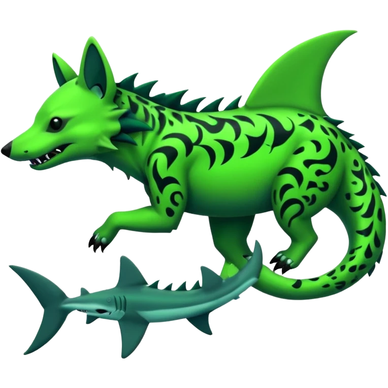 Edgy cool badass Neon-green landhai-sergal-hyena, with a shark tail, with black and dark-green swirly patterns markings emoji