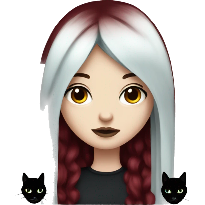 Pale girl with black eyeshadow and long burgundy red colored hair with an emo haircut and layered holding a black cat emoji