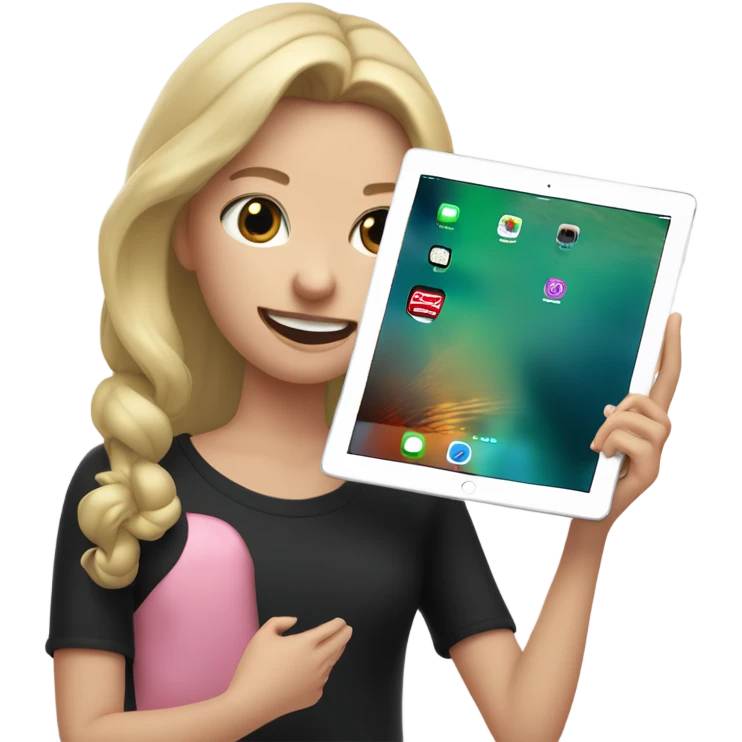 Apple grey ipad in girls hands (blond Girl whole height pinky lips greenish eyes wearing black top) emoji