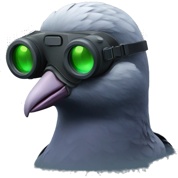 pidgeon wearing night vision goggles, close up, fill image emoji
