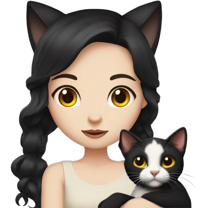 A girl with white skin, mid long auburn and black hair, holding a black cat with yellow eyes emoji