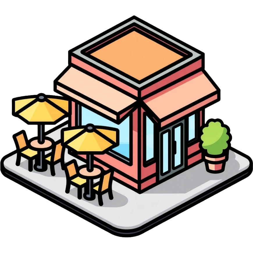 isometric corner cafe shop with outdoor seating and umbrellas emoji