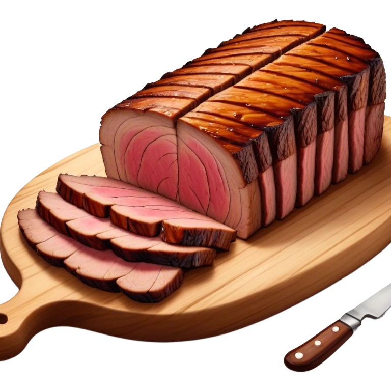 Cinematic smoked brisket, deep mahogany crust, perfectly sliced to reveal juicy marbled meat, warm smoky aroma, served on a wooden board, rich and flavorful, ultra-detailed and appetizing. emoji