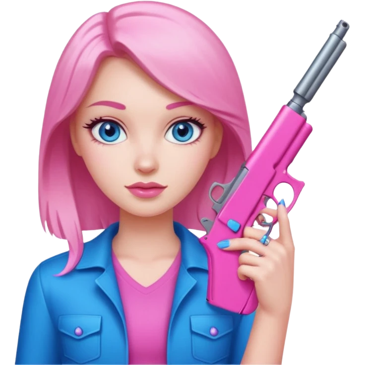 White Girl hand pink nails holding pink gun with blue eyes emoji
