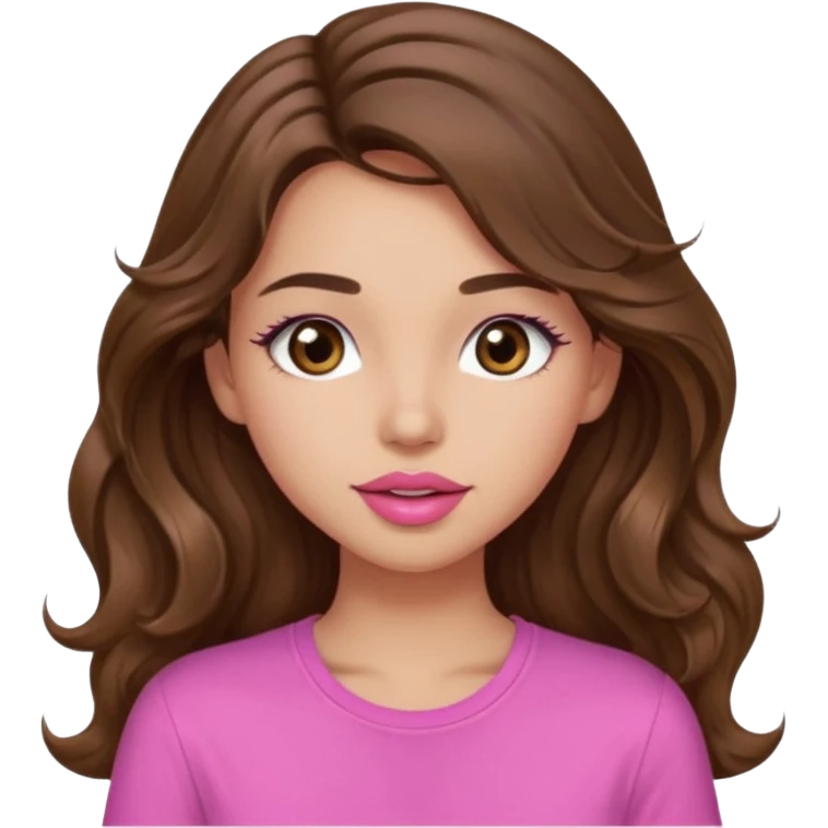 girl with long wavy brown hair, brown eyes, light to medium complexion, in a pink shirt, pink lips, long lashes,kissing emoji