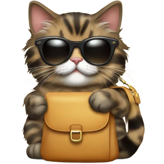 Tortishell pattern Siberian cat wearing sunglasses and holding a bag of catnip in one paw emoji