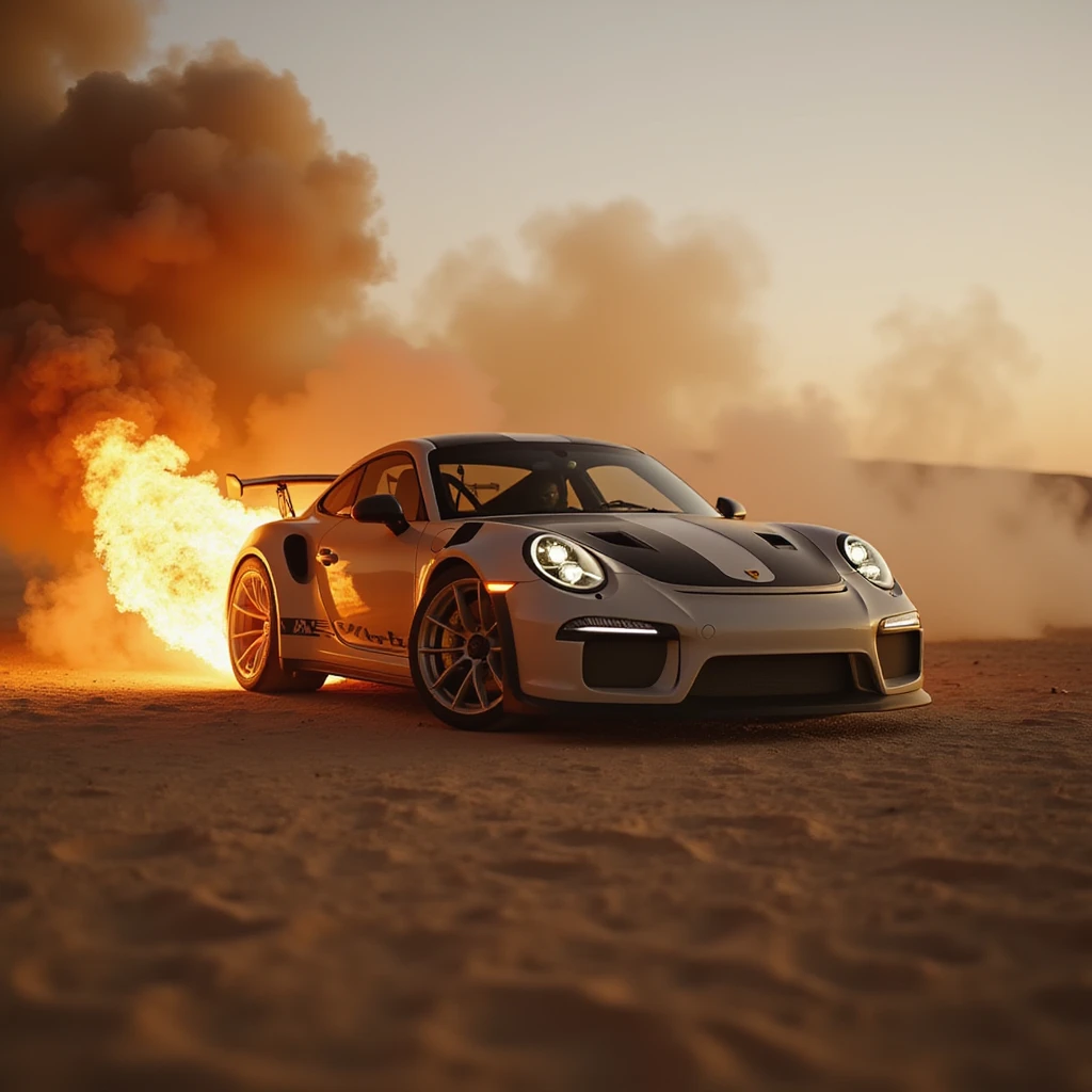 Cinematic shot, Porsche 911 gt3 rs in fire, desert emoji