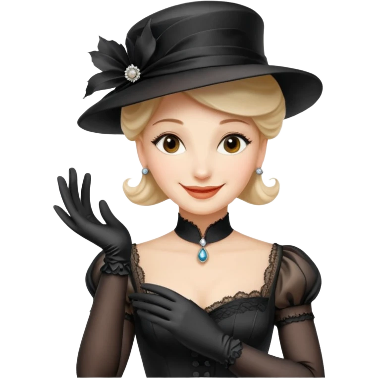 Madame Forestier from 'The Necklace' by Guy de Maupassant, upper body, elegant stance, wearing pure silk gloves, a beautiful and elegant laced hat, smiling emoji