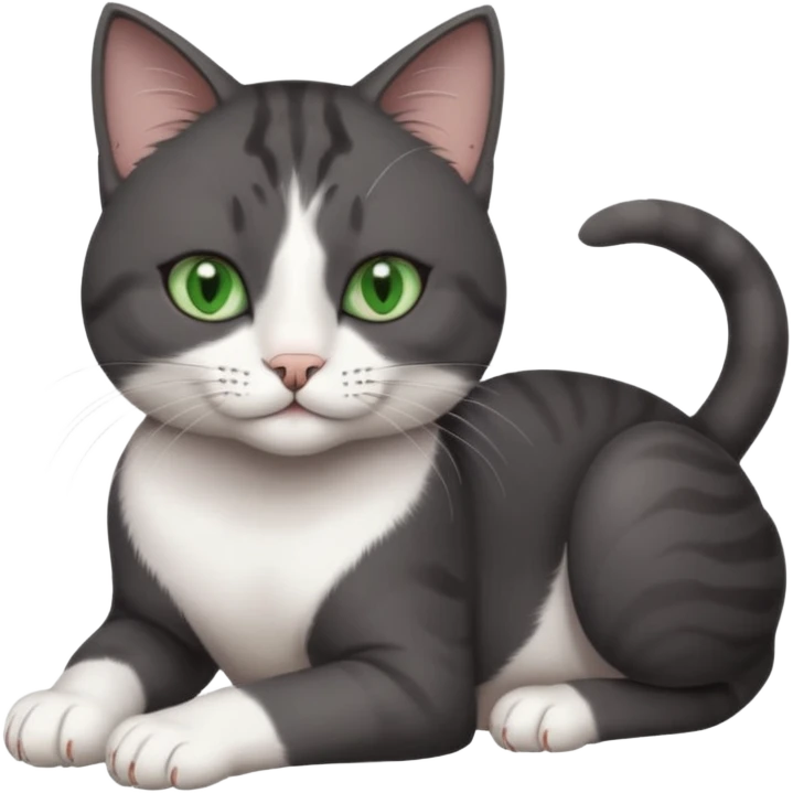 beautiful female solid dark grey cat with green eyes, white toes/paws and white patch on her chest rolling over emoji