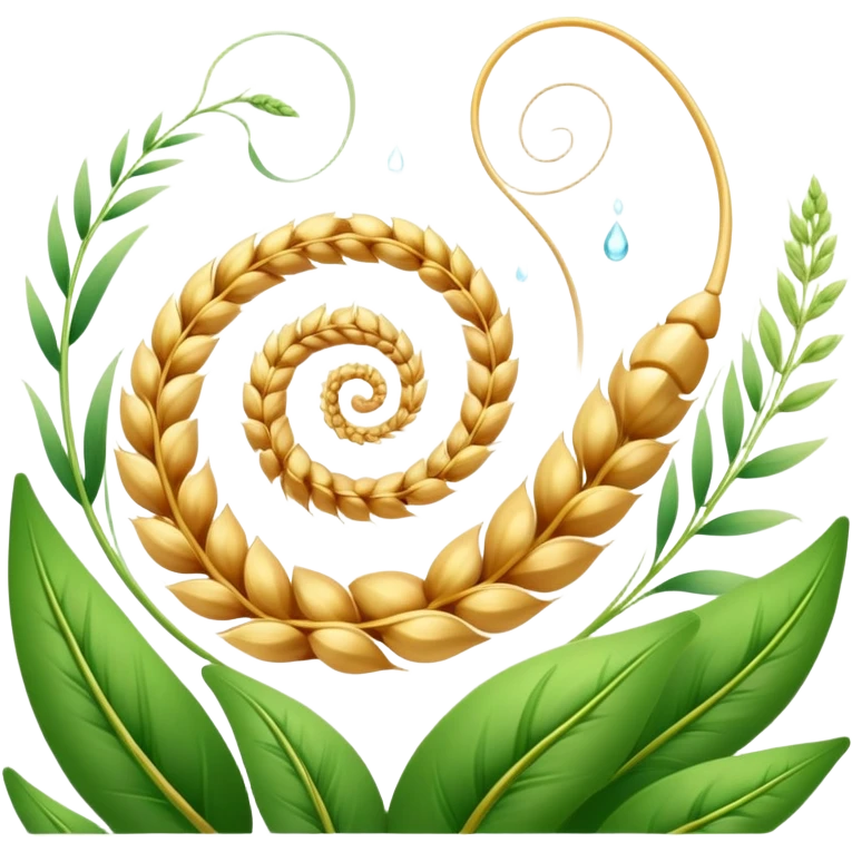 Golden wheat ear floating next to green leaves, surrounding an ethereal digestive system in a spiral form. Small cleansing sparkles flow like a river of light, clearing paths and creating internal lightness. The scene shows fiber's cleansing effect on the digestive tract. emoji