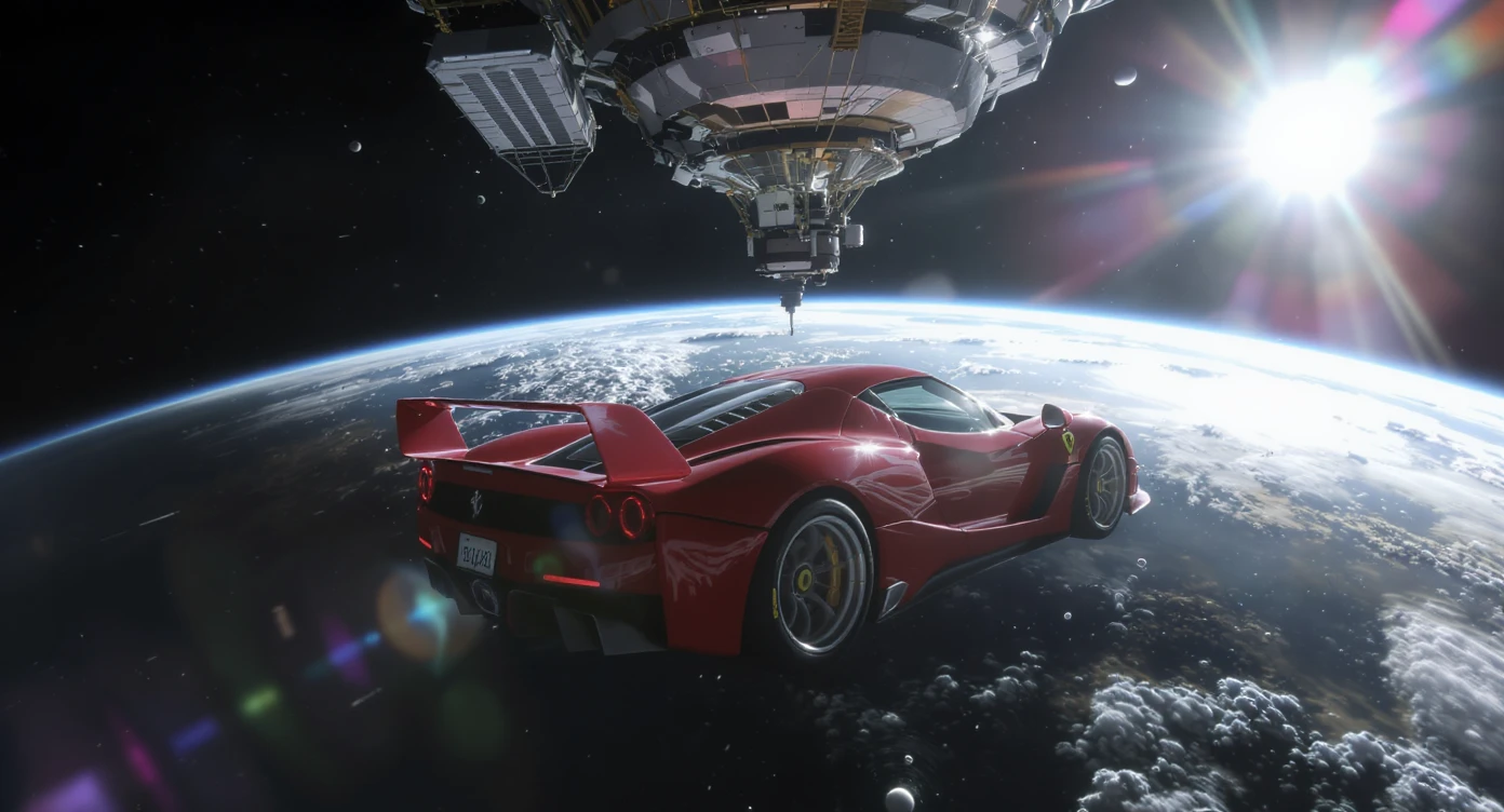 Cinematic still of a ferrari f40 floating in space, shot by space camera connect to spaceship, sun flare, big earth in background, captured by gopro emoji